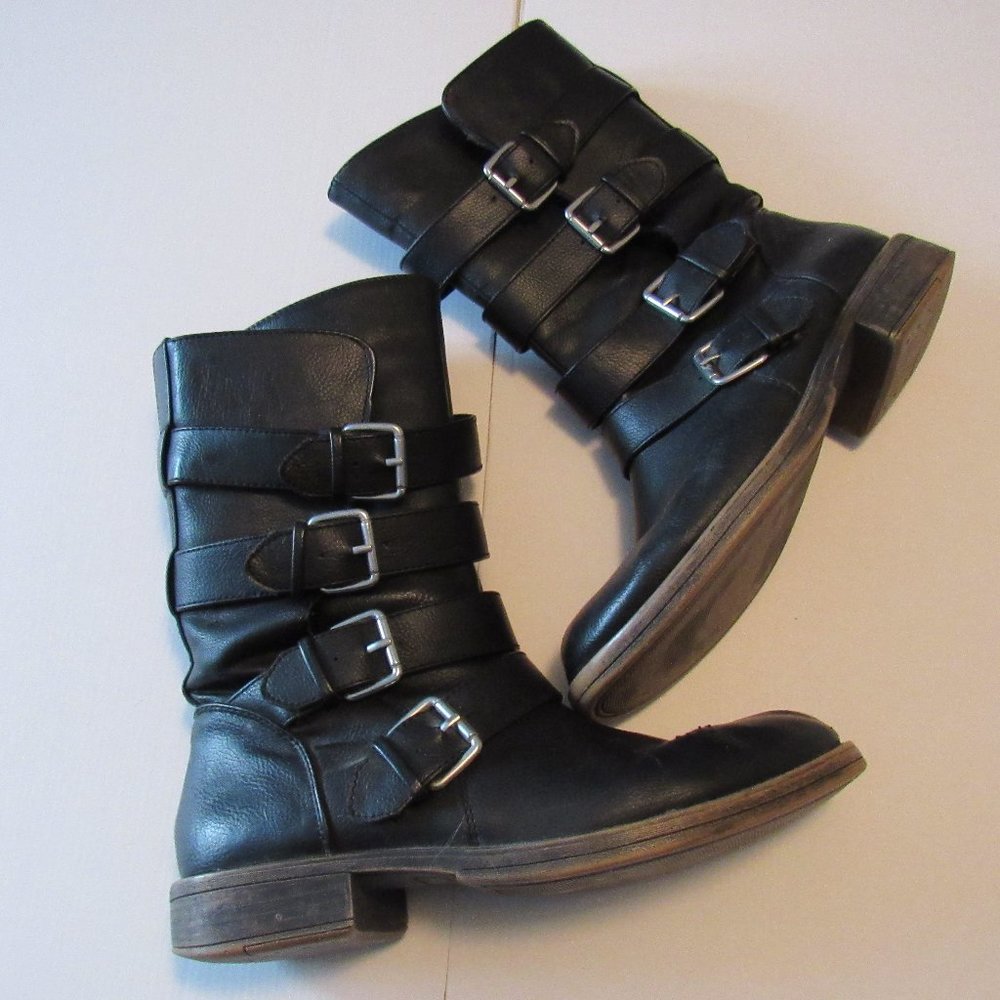 SO brand black faux leather boots with buckle details